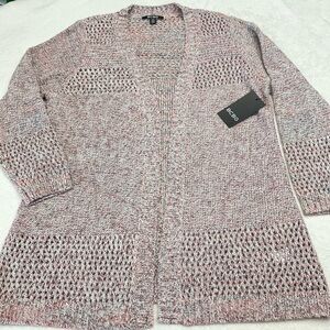 NWT BCBG Pink Lavender White Knit 32” Length Open Cardigan Woman Large B5HS0799